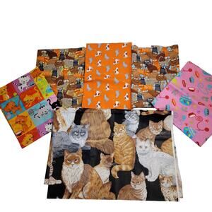 Cotton Fabric 6 Pc Cat Print Lot 12x44 To 19x28 Quilting Sewing Crafts Material